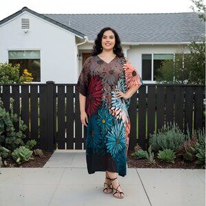 Gypsie Blu Daisy Flower Printed Caftan Dress Plus Size Cover Up Maxi Dresses
